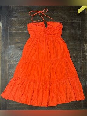 NWT Day + Moon Bright Coral Ruched Top Midi Dress Sz L Summer Resort Casual